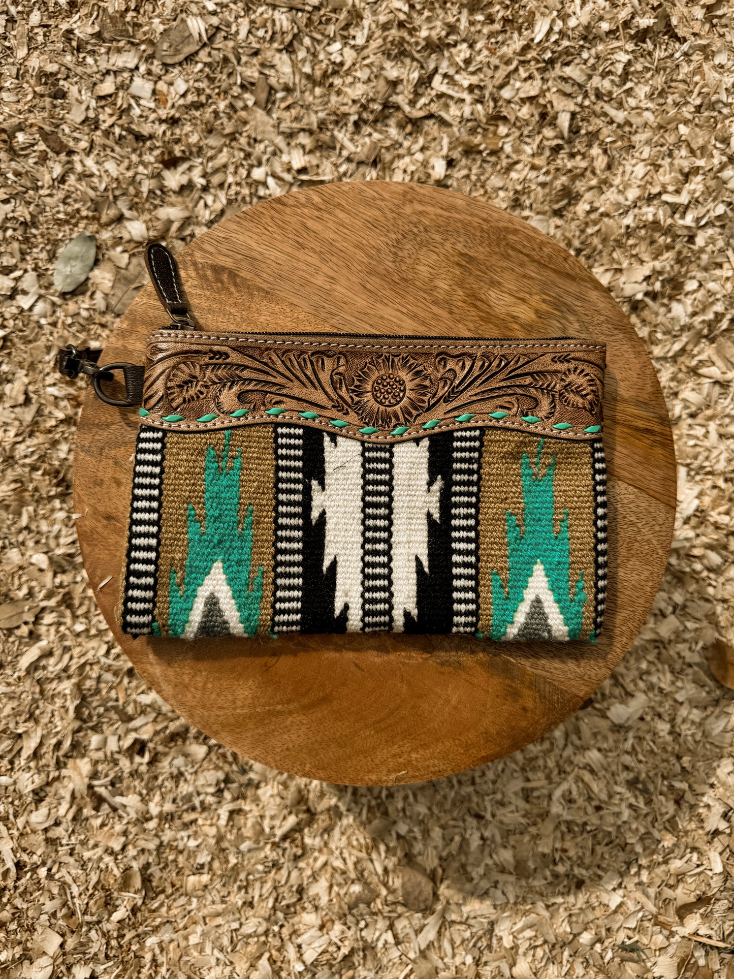 Western leather tooled clutch