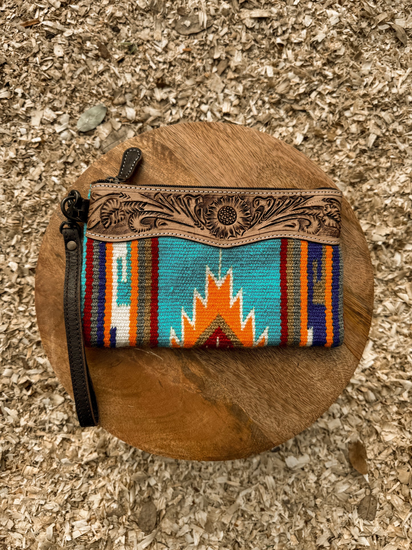 Western leather tooled clutch