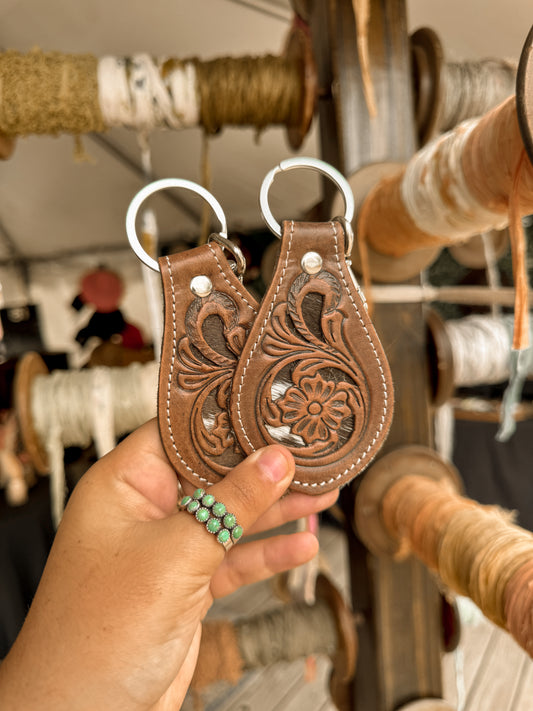 Floral Tooled Leather Keychain
