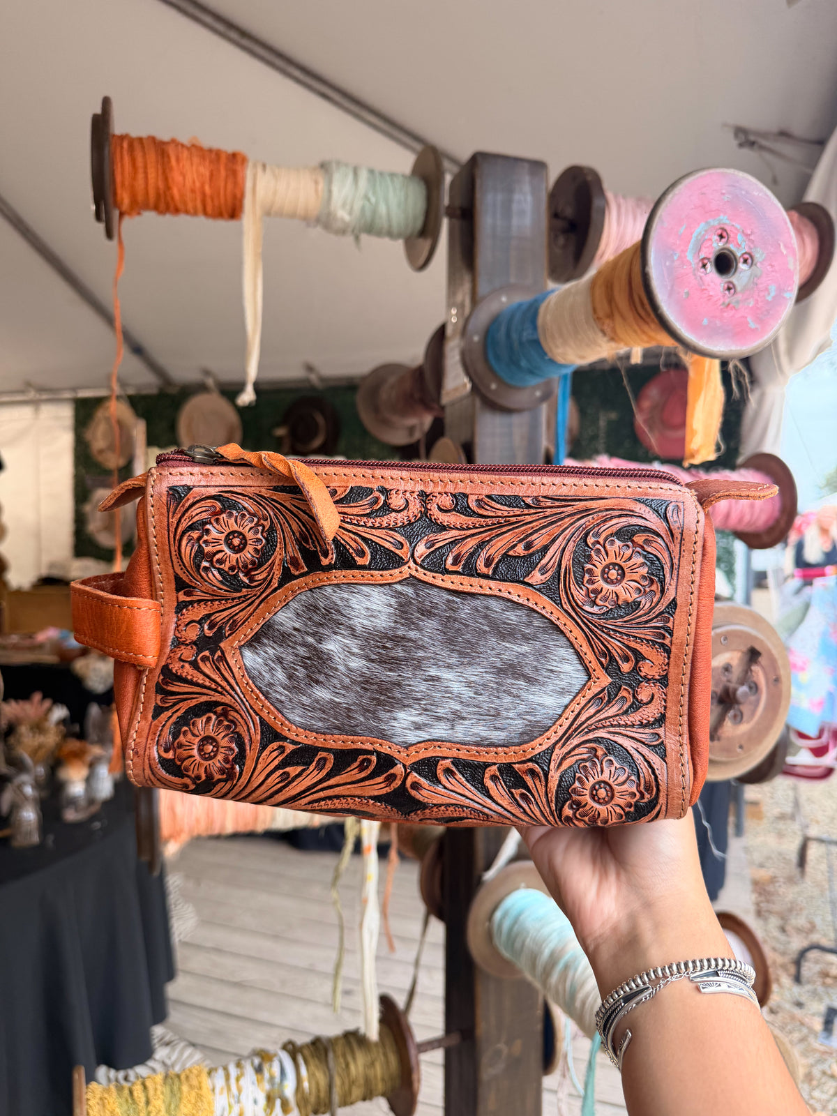 Cowhide + Leather Tooled Toiletry Bags