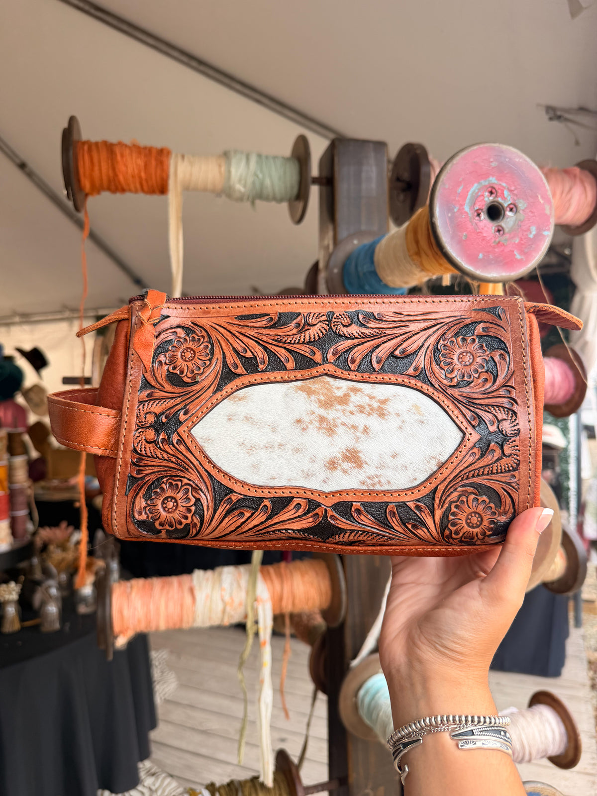 Cowhide + Leather Tooled Toiletry Bags