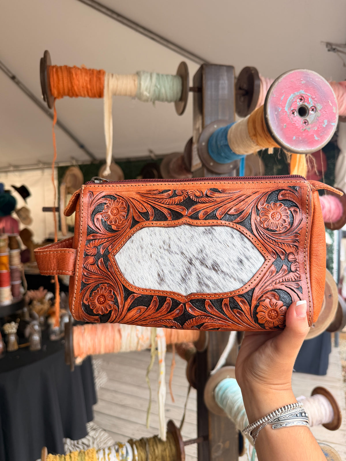Cowhide + Leather Tooled Toiletry Bags